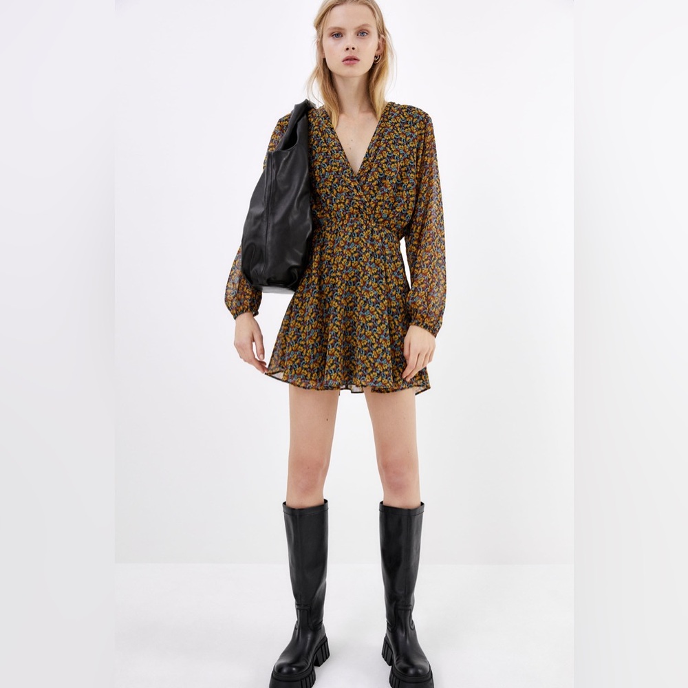 Zara Floral Multicolor Long Sleeve Surplice Dress Size XS - Picture 4 of 10